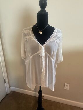 Sheer Lace-Trim White Tie-Front Women's Top